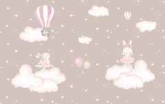 Custom "Kids Wall Mural Pink Clouds Hot Air Balloons Cute Rabbits Nursery Wallpaper "