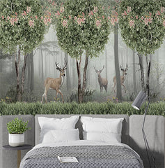 Custom Enchanting Deer Forest Wall Mural Wallpaper - Nature Scene with Blossoming Trees