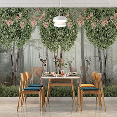 Custom Enchanting Deer Forest Wall Mural Wallpaper - Nature Scene with Blossoming Trees