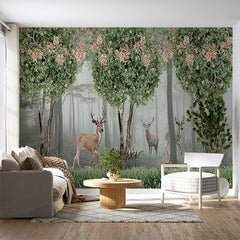 Custom Enchanting Deer Forest Wall Mural Wallpaper - Nature Scene with Blossoming Trees