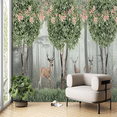 Custom Enchanting Deer Forest Wall Mural Wallpaper - Nature Scene with Blossoming Trees