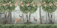 Custom Enchanting Deer Forest Wall Mural Wallpaper - Nature Scene with Blossoming Trees