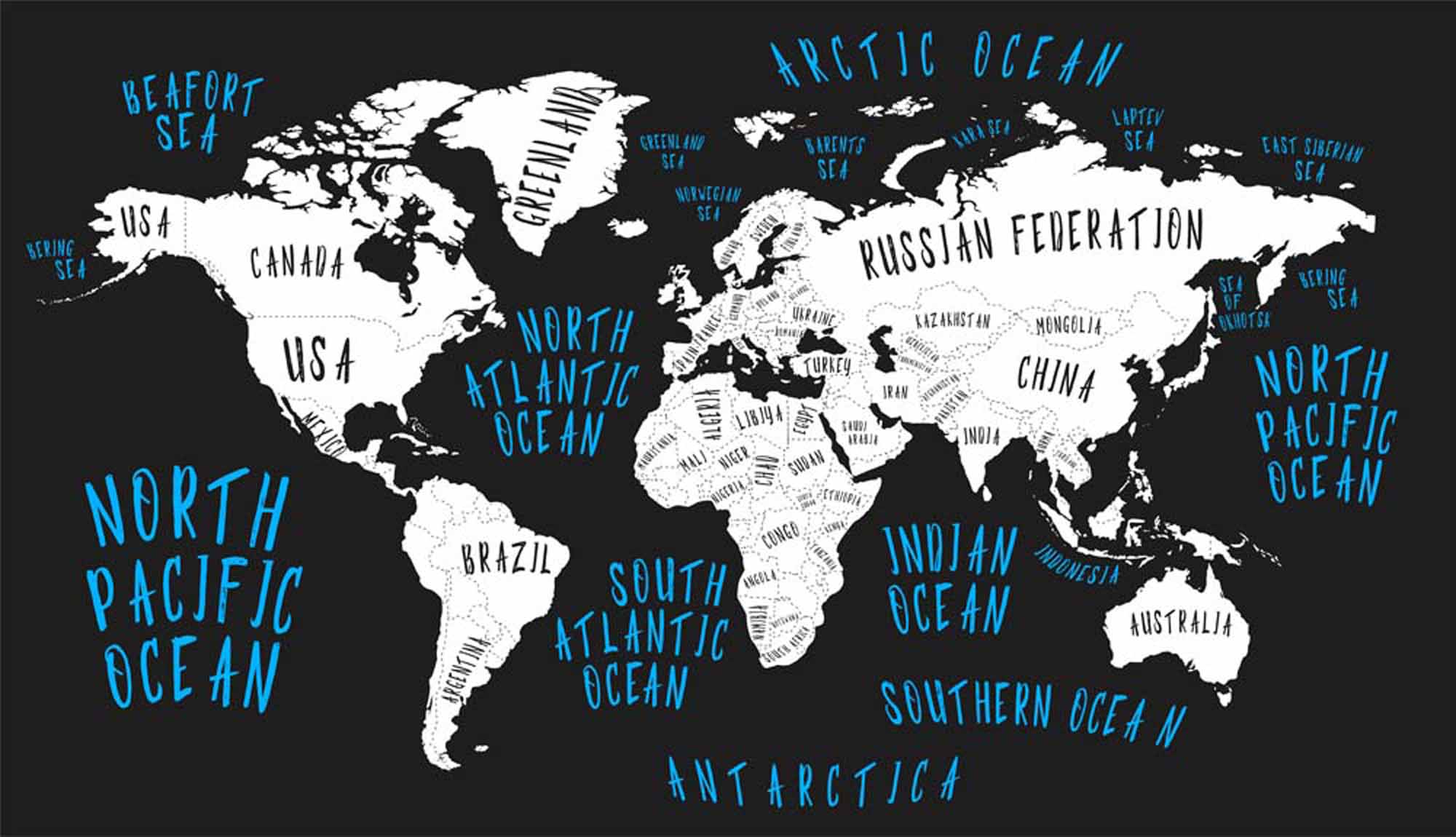 Modern Black and White World Map Wall Mural Wallpaper with Blue Hand-Lettered Oceans