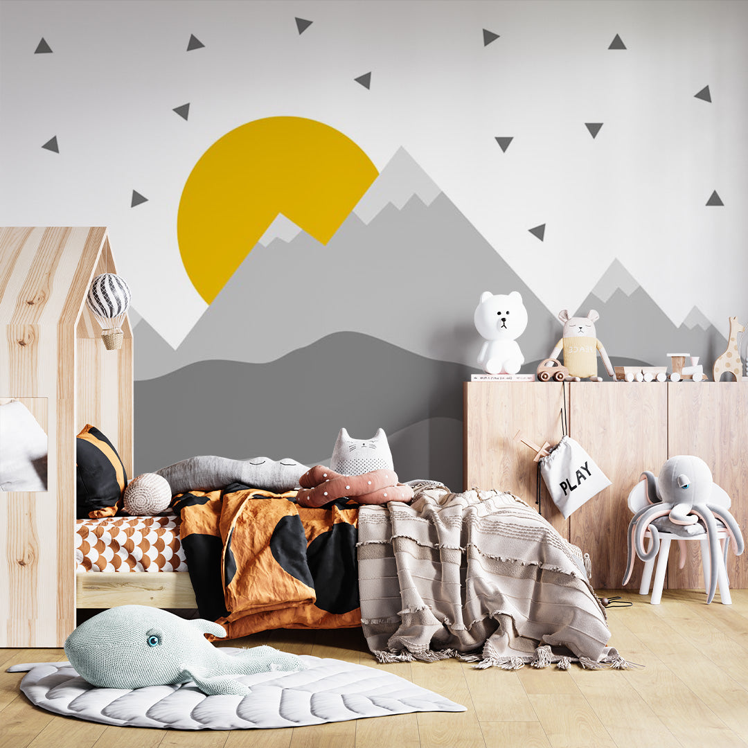 Kids Wall Murals Scandinavian Black Yellow Mountains Nursery Wallpaper for Kids