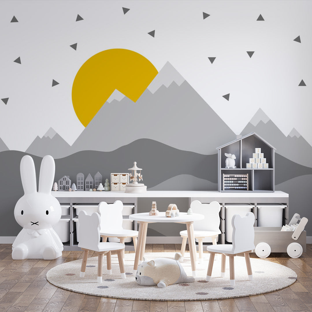 Kids Wall Murals Scandinavian Black Yellow Mountains Nursery Wallpaper for Kids