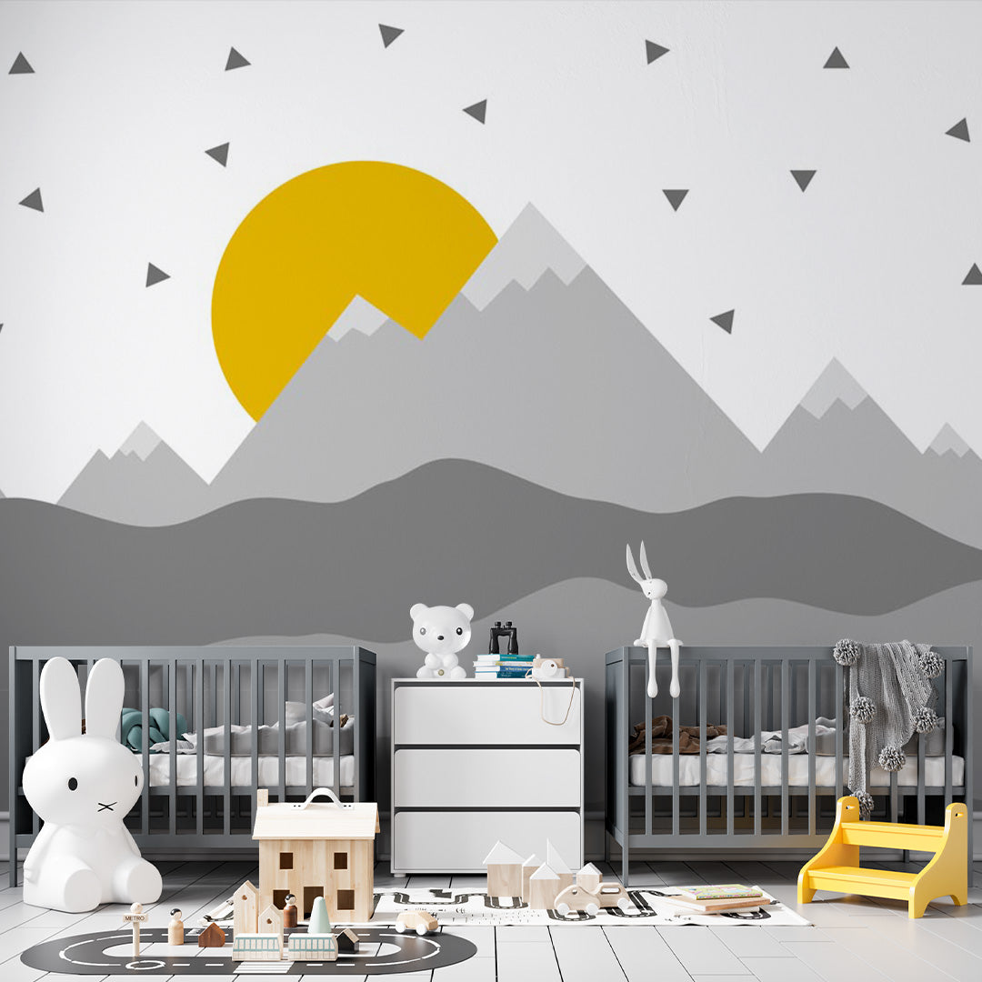 Kids Wall Murals Scandinavian Black Yellow Mountains Nursery Wallpaper for Kids