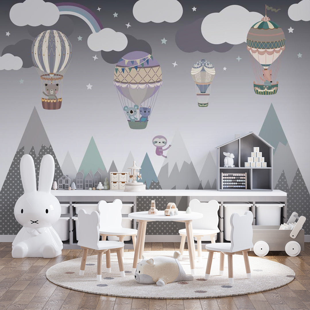 Kids Wall Murals Dark Mountains Balloons Nursery Wallpaper for Kids