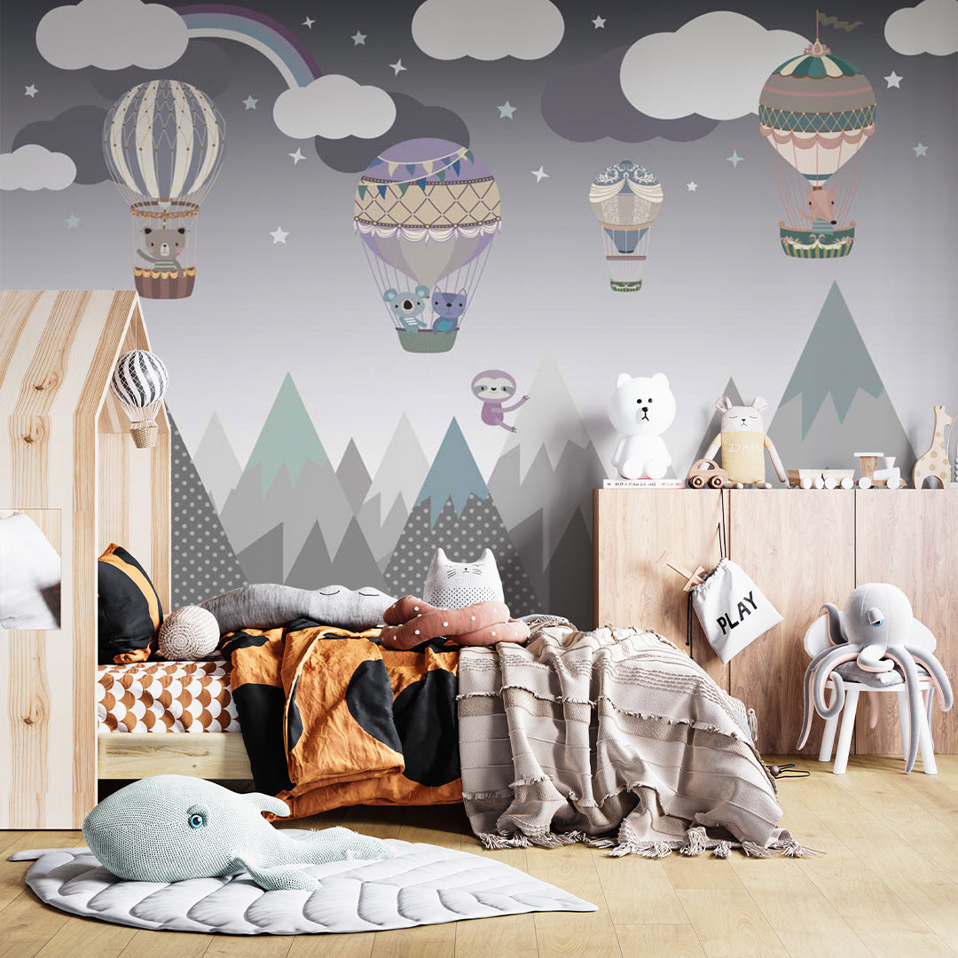 Kids Wall Murals Dark Mountains Balloons Nursery Wallpaper for Kids