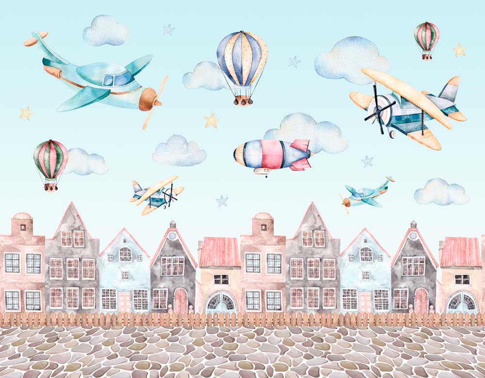 Kids Wall Mural Cartoon City Airplane Hot Air Ballon Wallpaper for Kids