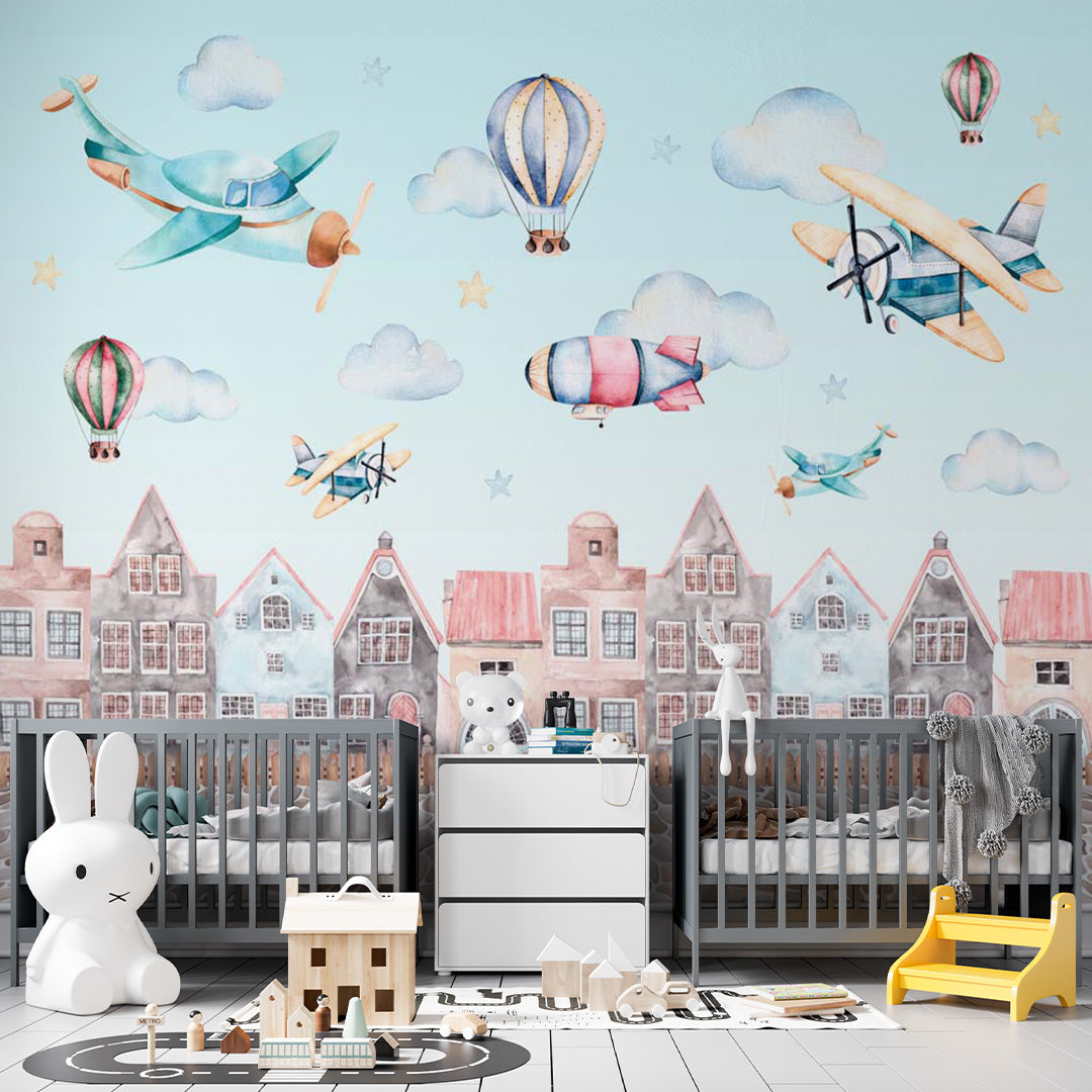 Kids Wall Mural Cartoon City Airplane Hot Air Ballon Wallpaper for Kids