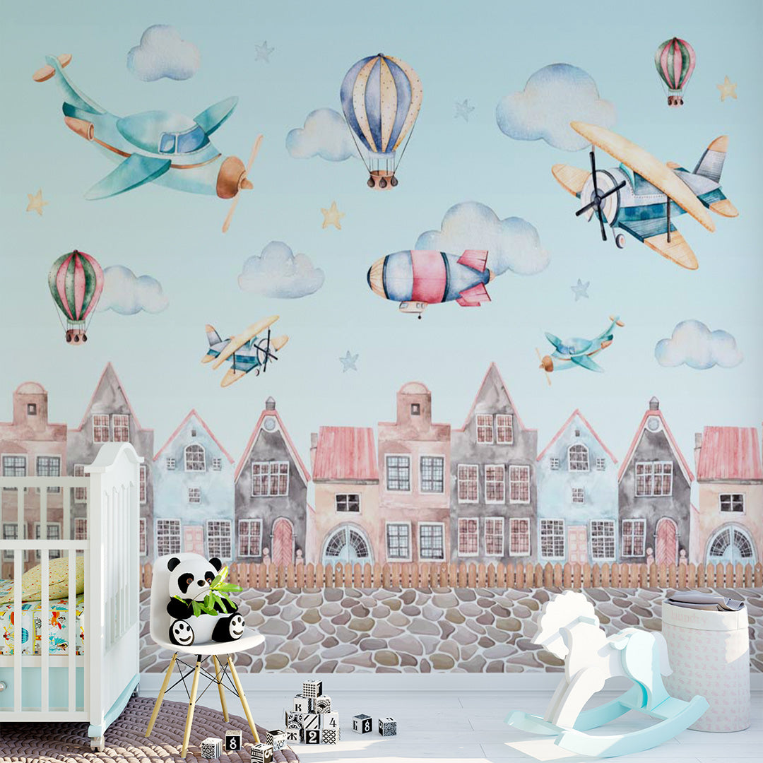 Kids Wall Mural Cartoon City Airplane Hot Air Ballon Wallpaper for Kids