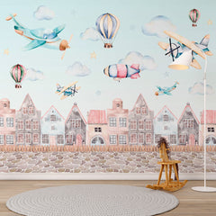 Custom Kids Wall Mural Cartoon City Airplane Hot Air Ballon Wallpaper for Kids