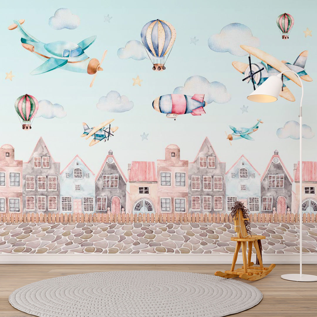 Kids Wall Mural Cartoon City Airplane Hot Air Ballon Wallpaper for Kids