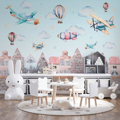 Custom Kids Wall Mural Cartoon City Airplane Hot Air Ballon Wallpaper for Kids