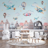 Kids Wall Mural Cartoon City Airplane Hot Air Ballon Wallpaper for Kids