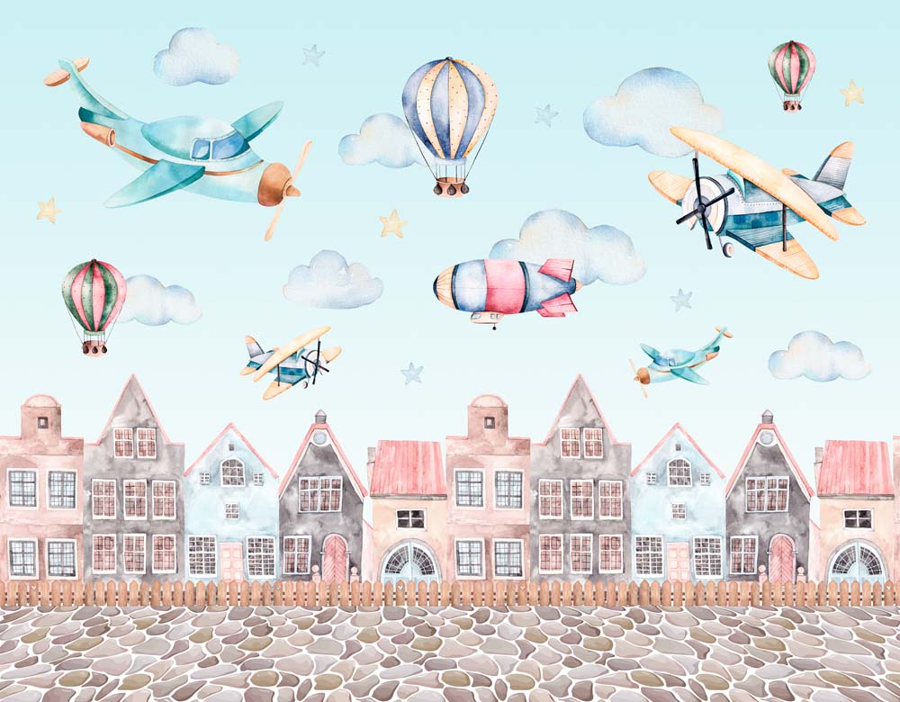 Papier peint aventures dans le ciel au-dessus de la ville pour chambre d’enfant