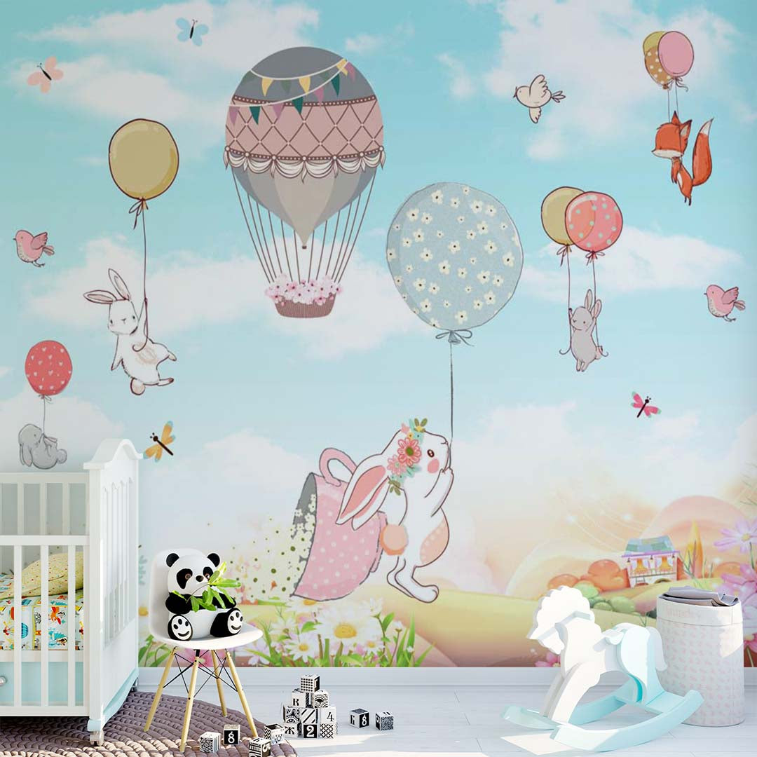 Kids Wall Mural Cartoon Animals Hot Air Balloons Nursery Wallpaper