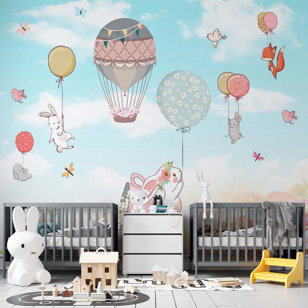 Kids Wall Mural Cartoon Animals Hot Air Balloons Nursery Wallpaper