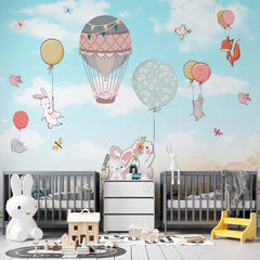 Custom  Kids Wall Mural Cartoon Animals Hot Air Balloons Nursery Wallpaper