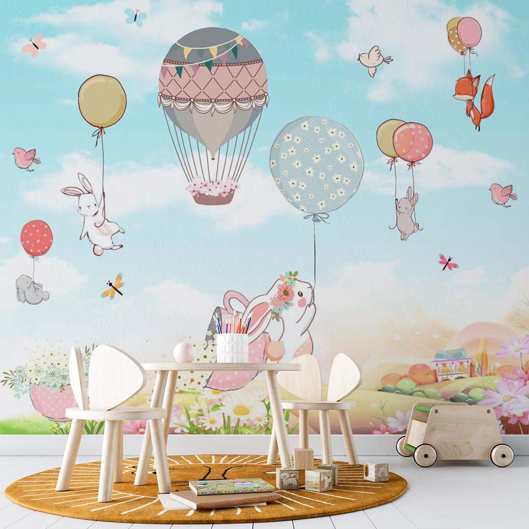 Kids Wall Mural Cartoon Animals Hot Air Balloons Nursery Wallpaper