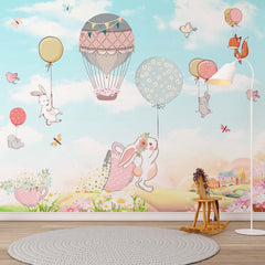 Custom  Kids Wall Mural Cartoon Animals Hot Air Balloons Nursery Wallpaper