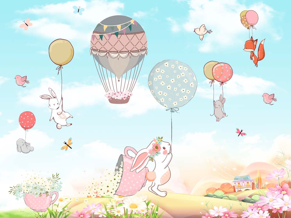 Papier peint lapins et ballons – Papier peint panoramique enfant prairie fleurie