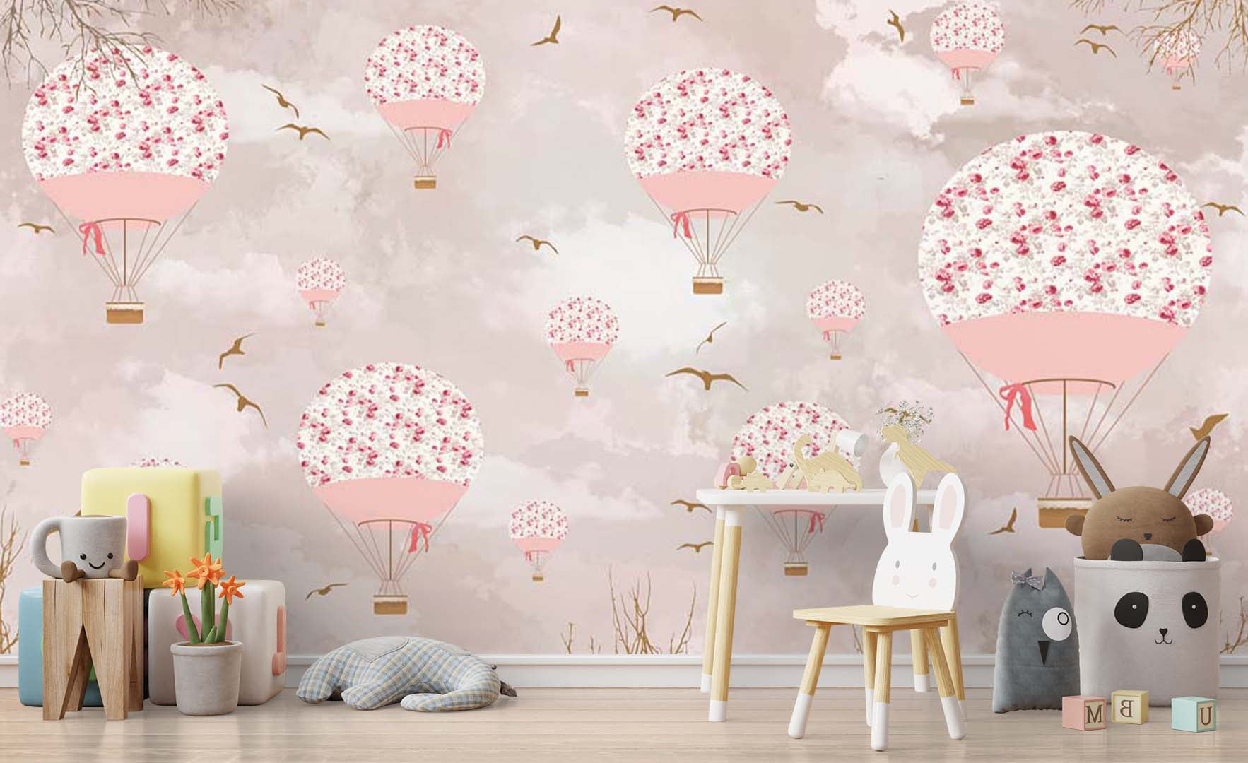 Kids Wall Murals Hot Air Balloon Flowers Blossom Design