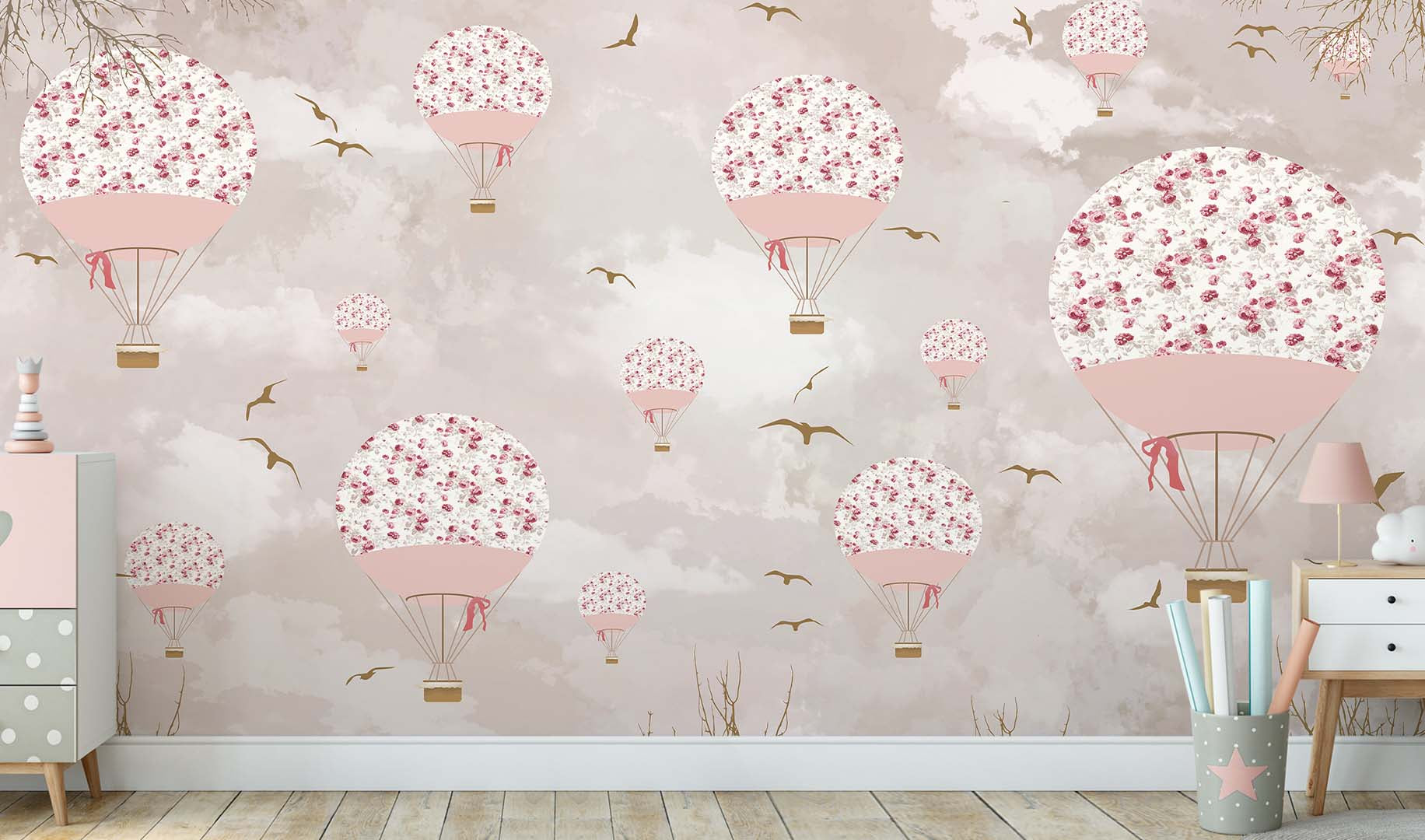 Kids Wall Murals Hot Air Balloon Flowers Blossom Design