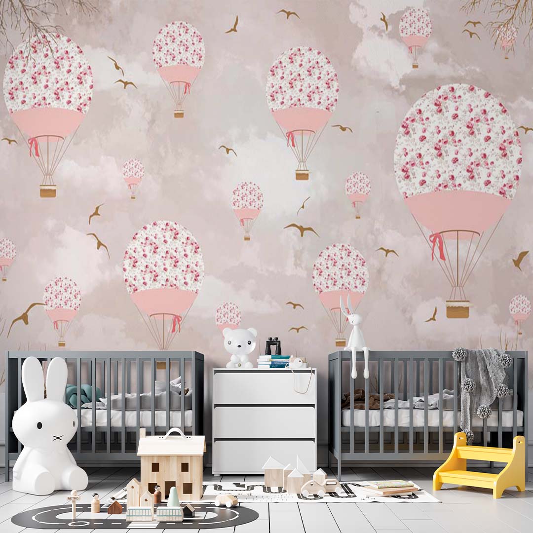 Kids Wall Murals Hot Air Balloon Flowers Blossom Design