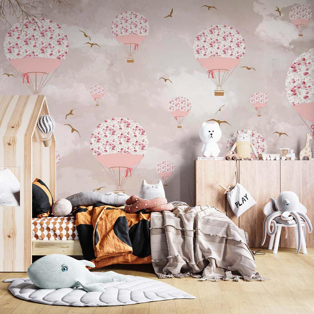 Kids Wall Murals Hot Air Balloon Flowers Blossom Design