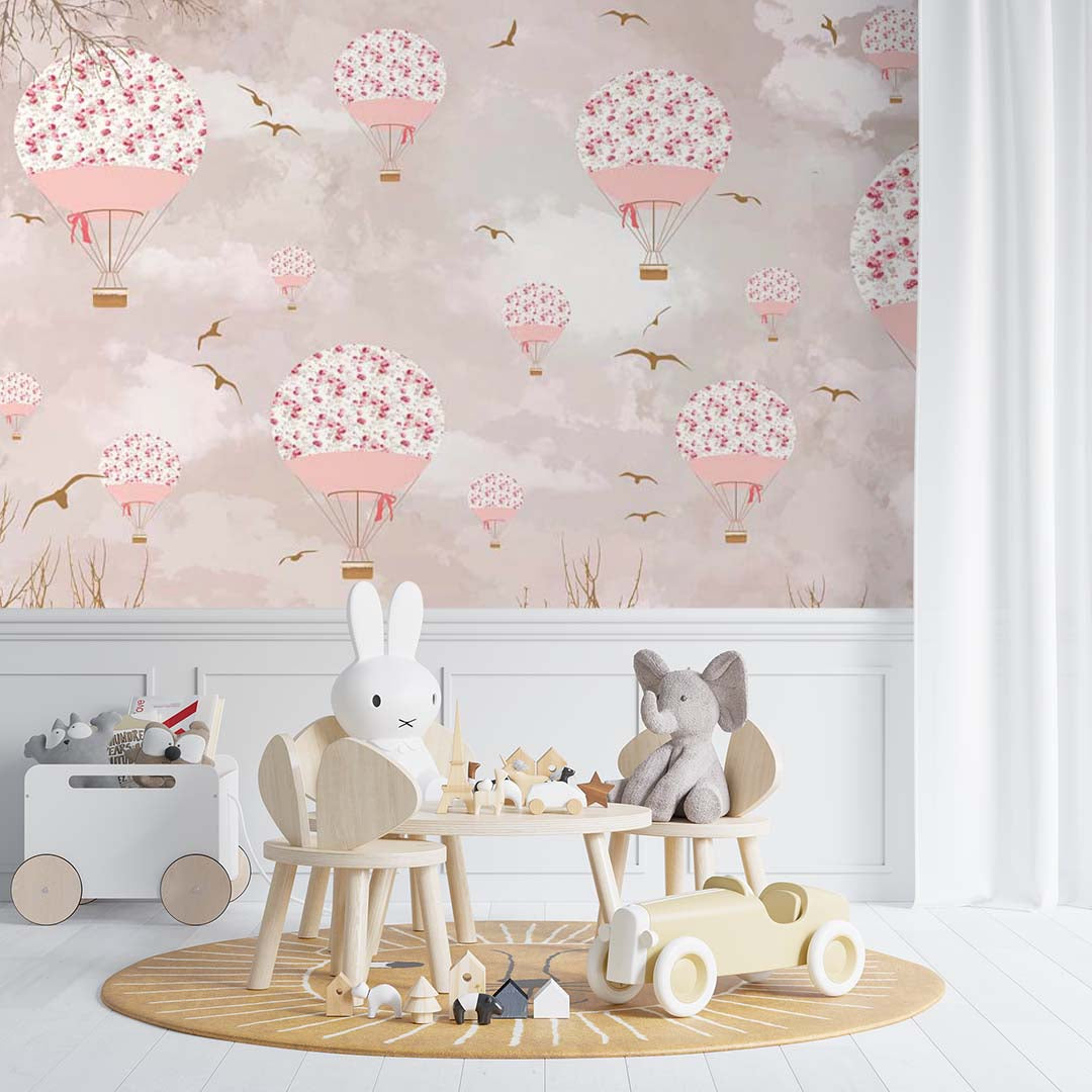 Kids Wall Murals Hot Air Balloon Flowers Blossom Design