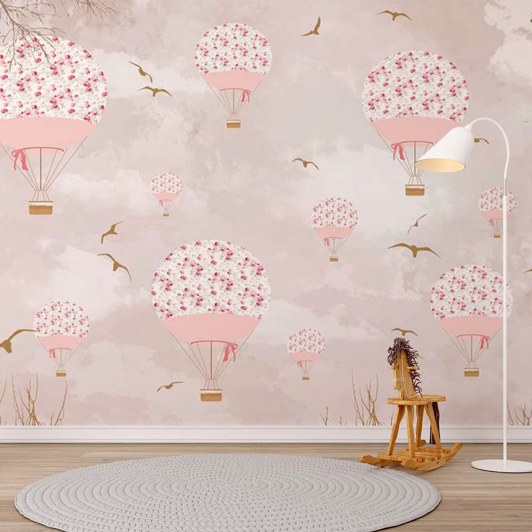 Custom Kids Wall Murals Hot Air Balloon Flowers Blossom Design