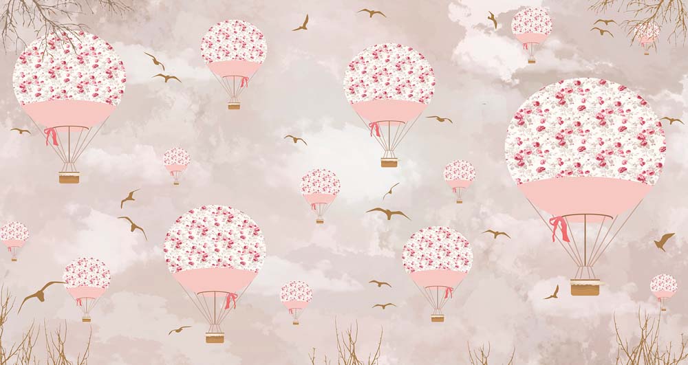 Papier peint montgolfières aux roses – Papier peint panoramique enfant ciel rose pâle