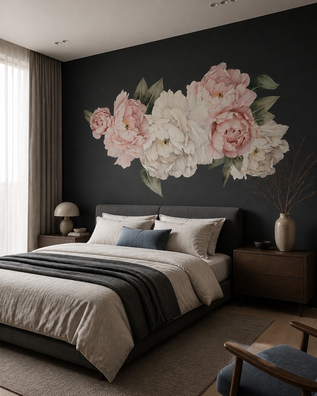 Peony flowers on black wallpaper in a designer bedroom.