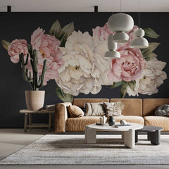 Custom Pink and White Peony Flowers on Black Background Wall Mural Floral Wallpaper