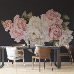 Custom Pink and White Peony Flowers on Black Background Wall Mural Floral Wallpaper