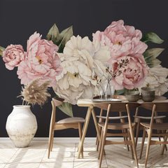 Custom Pink and White Peony Flowers on Black Background Wall Mural Floral Wallpaper