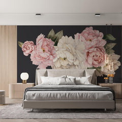 Custom Pink and White Peony Flowers on Black Background Wall Mural Floral Wallpaper