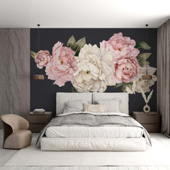 Custom Pink and White Peony Flowers on Black Background Wall Mural Floral Wallpaper