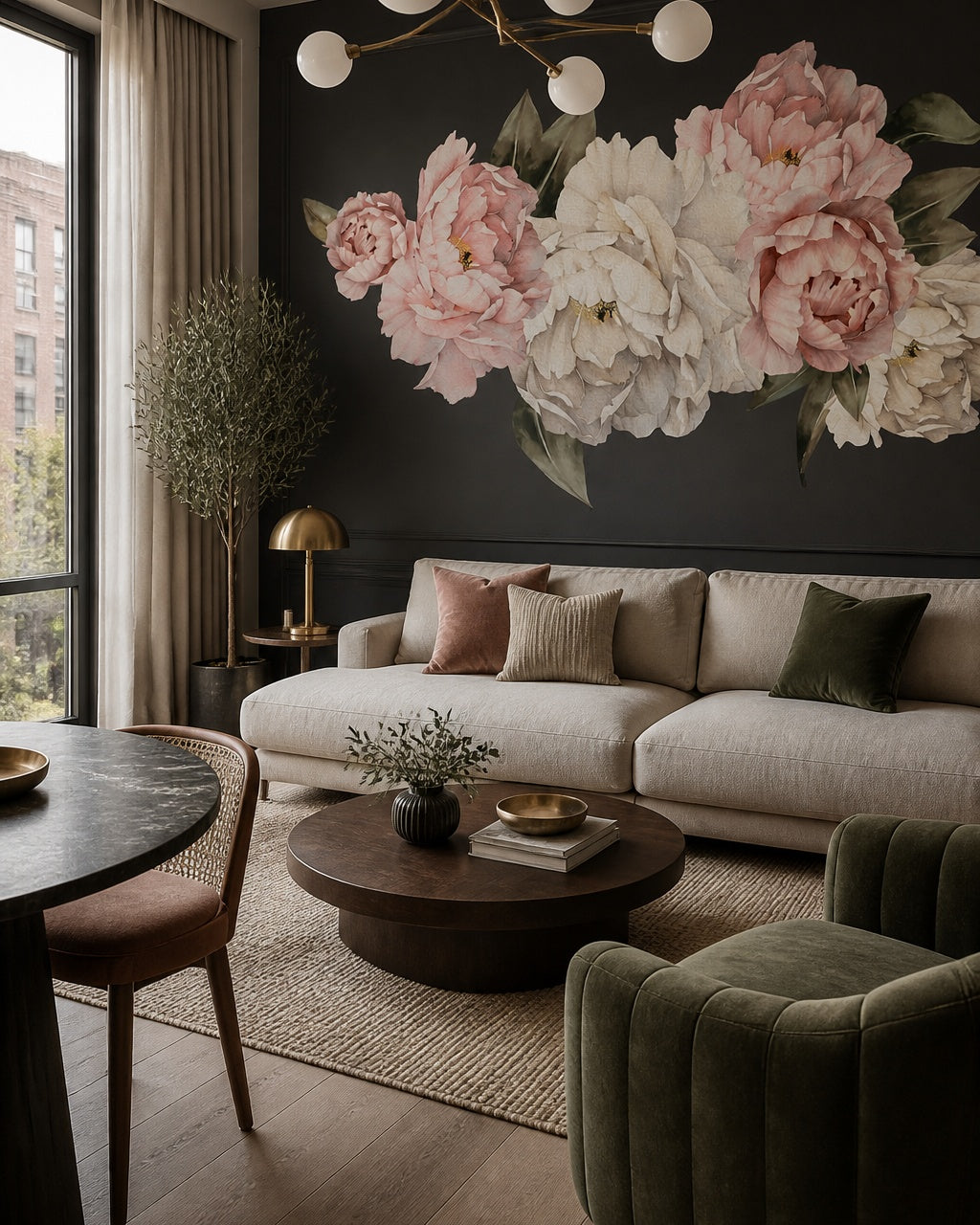 Peony flowers on black wallpaper in a designer living room.