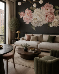 Peony flowers on black wallpaper in a designer living room.