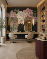 Peony flowers on black wallpaper in a beauty salon.