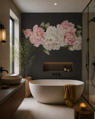Peony flowers on black wallpaper in a luxury bathroom.