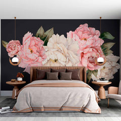 Custom Pink and White Peony Flowers on Black Background Wall Mural Floral Wallpaper