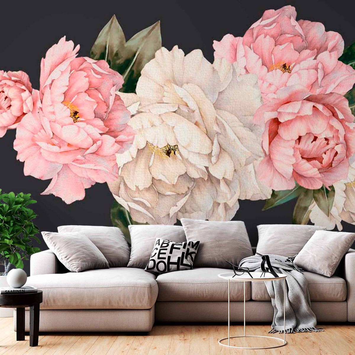 Custom Pink and White Peony Flowers on Black Background Wall Mural Floral Wallpaper