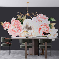 Custom Pink and White Peony Flowers on Black Background Wall Mural Floral Wallpaper