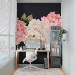 Custom Pink and White Peony Flowers on Black Background Wall Mural Floral Wallpaper