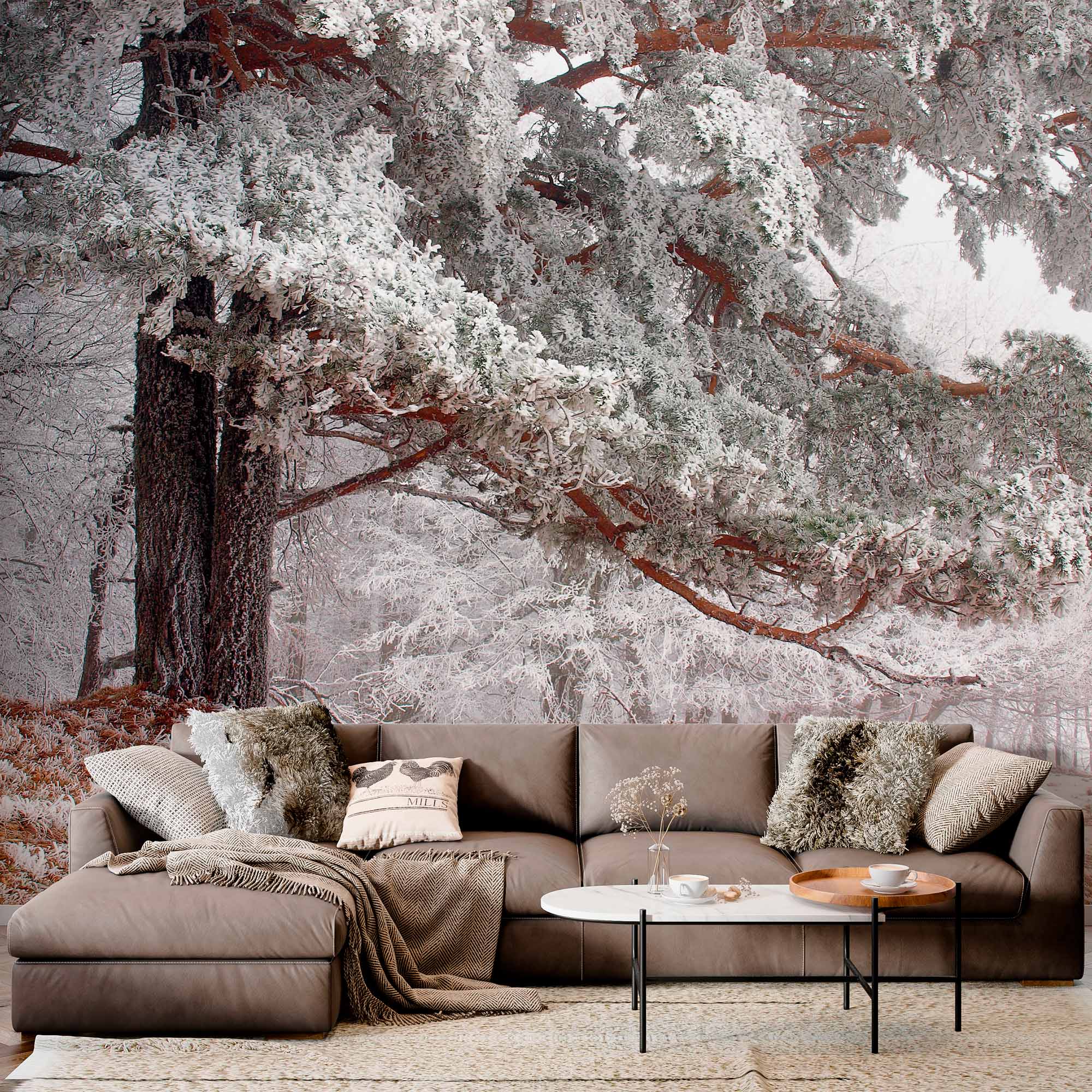 Frosty Forest Landscape Wall Mural Snow-Covered Pine Tree Wallpaper