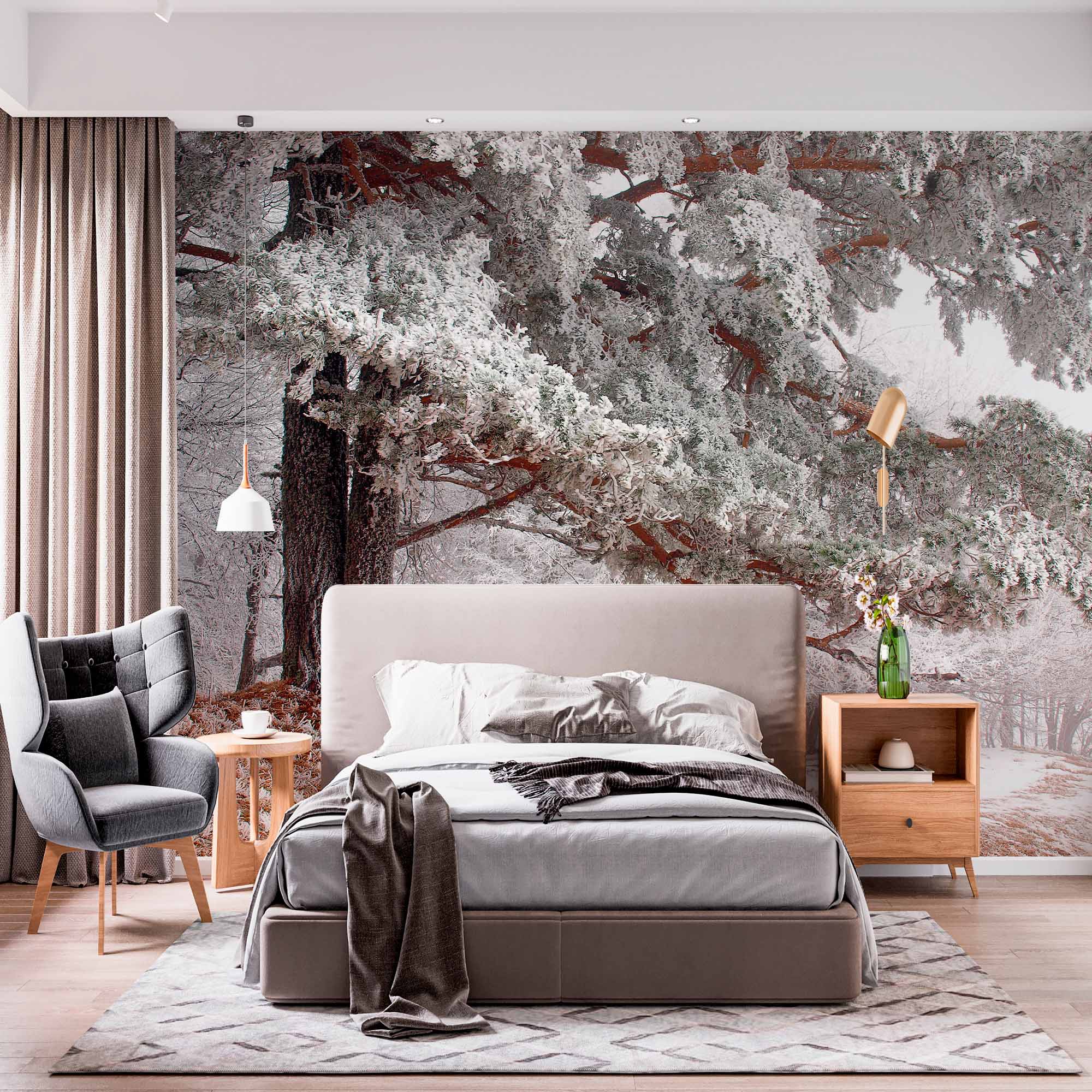 Frosty Forest Landscape Wall Mural Snow-Covered Pine Tree Wallpaper