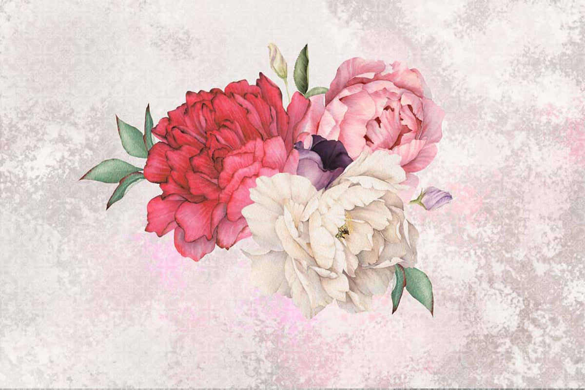 Rood en roze pioenrozenboeket – bloemenfotobehang in aquarel